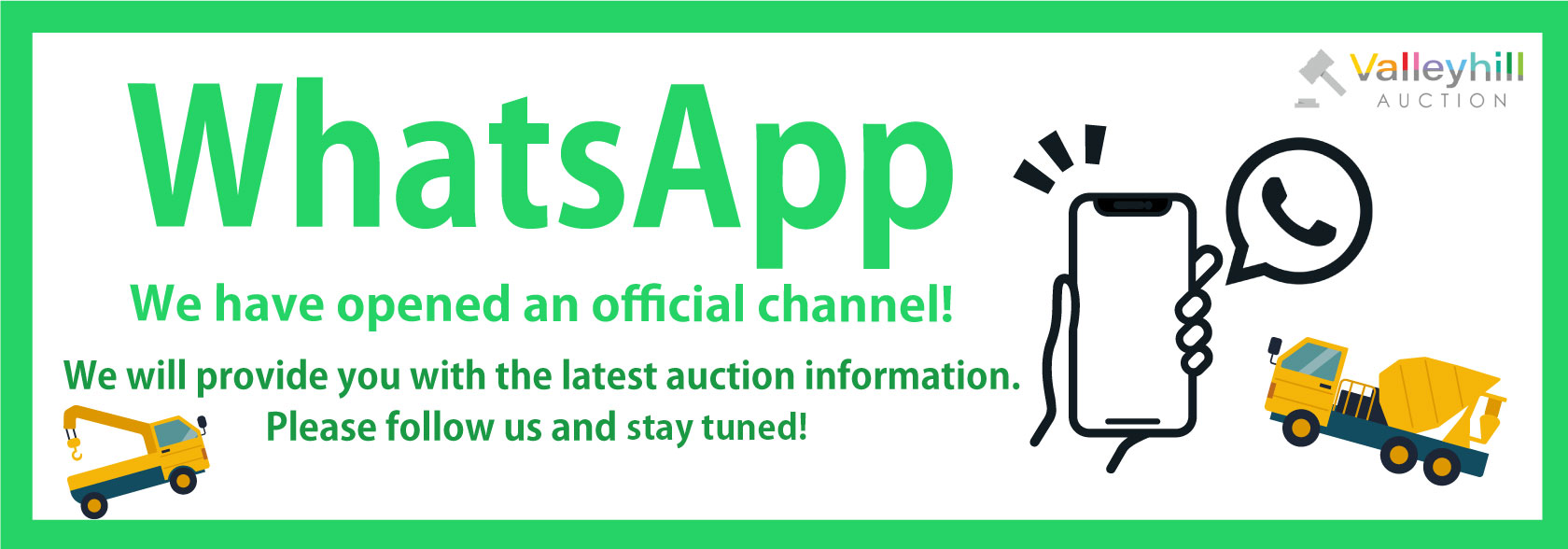 We have opened an official WhatsApp channel! We will deliver the latest information about our auctions. Please follow us and stay tuned!